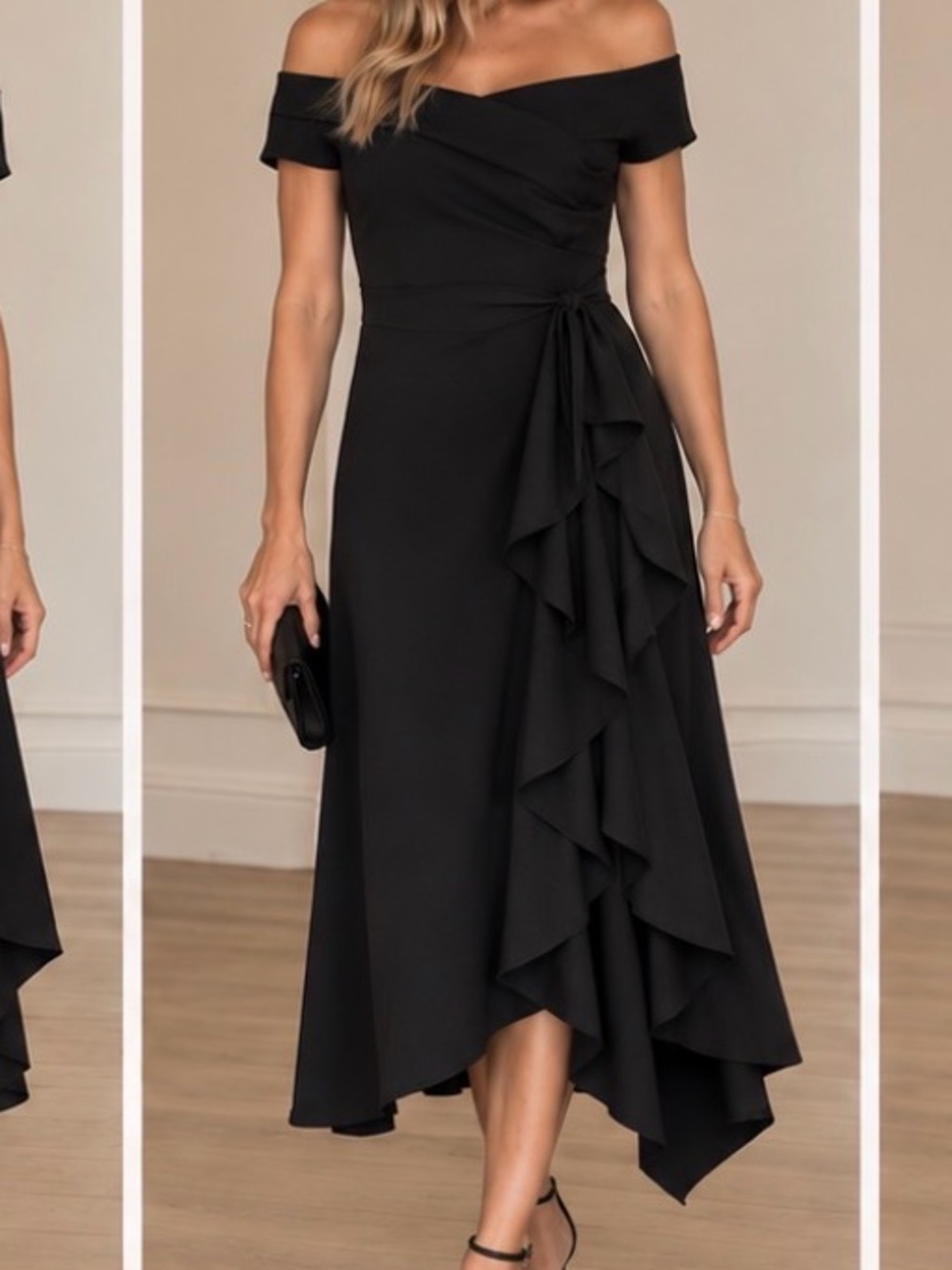 Classic off the shoulder black midi dress